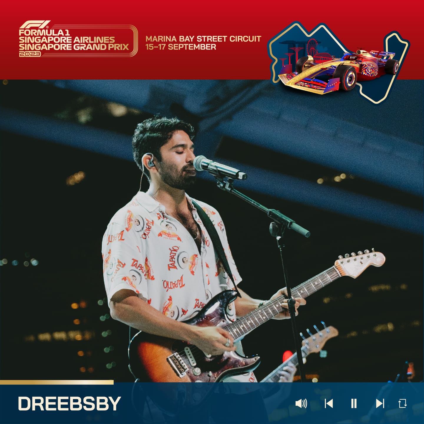 Sam performing as Dreebsby at the Formula 1 Singapore Grand Prix, 2023
